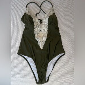 HOT MOM SUMMER🌸🌸 Sexy, Silky Olive Green Lace Trim One-Piece Swimsuit
